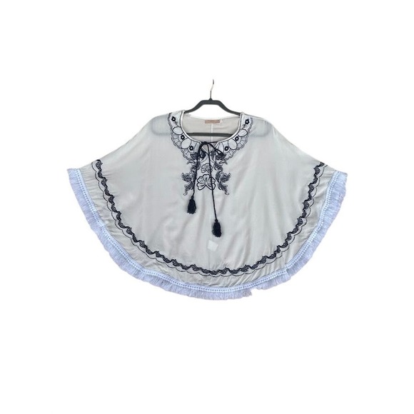 Yasiqi Fashion Sweaters - Yasiqi Fashion Womens White Navy Blue Floral Embroidered Fringe Poncho One Size